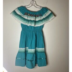 Traditional Mexican folkloric Dress Girls fiesta Colorful Embroidery Blue Size 4